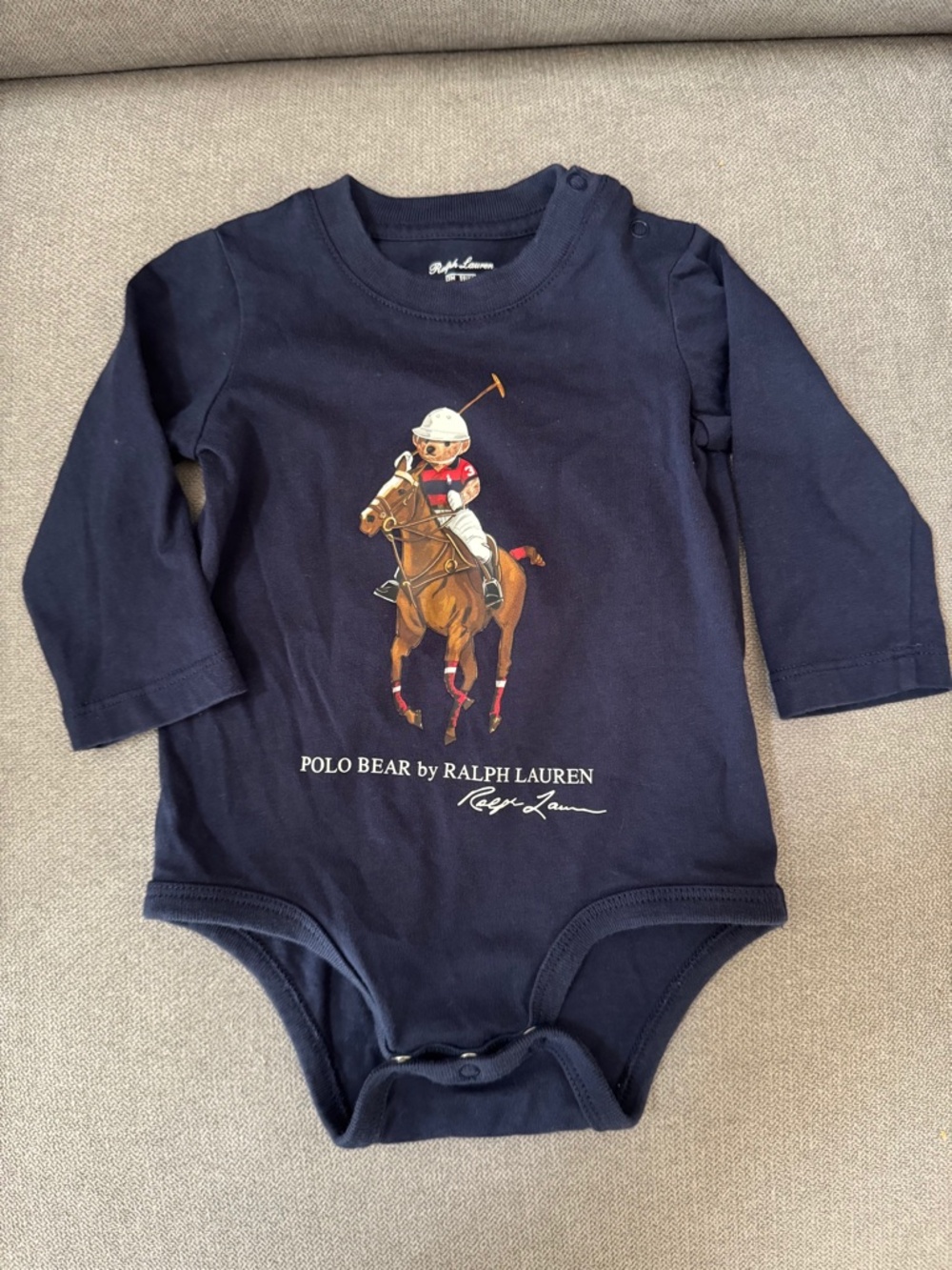 Ralph Lauren Polo Bear Polo Player Bodysuit 3M Navy Long Sleeve Baby Boy One Pie